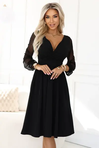 Elegantní černé midi šaty s tulle rukávy