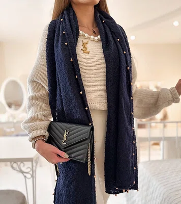 Gemre Navy blue scarf with gold beads Yvonne