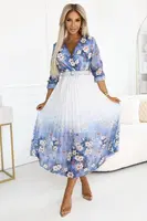 605-1 Feminine airy midi dress with envelope neckline and pleats – light blue with wildflowers