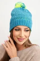 Kesi Dámská zimní čepice s vlnou v ozdobném pletení s bambulí K467 džínová