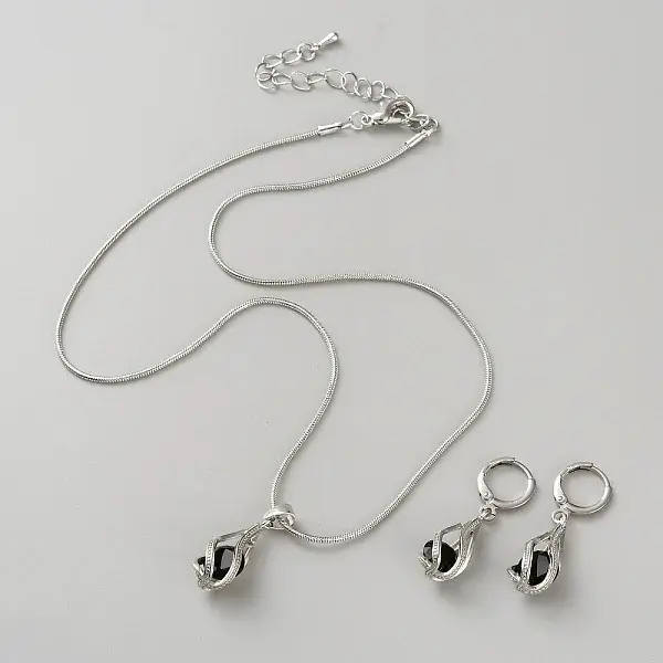 Teardrop Brass & Cubic Zirconia Pendant Necklaces & Hoop Earrings Jewelry Set for Women