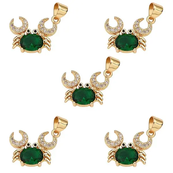 5Pcs Brass Micro Pave Clear & Green Cubic Zirconia Pendants