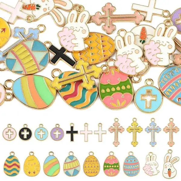 24Pcs 20 Styles Easter Egg Rabbit Cross Alloy Enamel Pendants