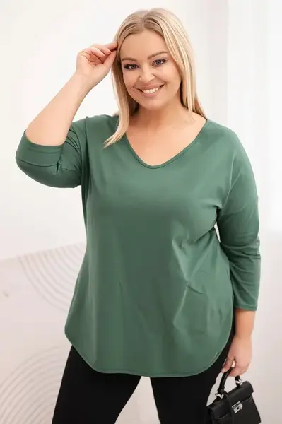 Kesi Dámska bavlnená blúzka Plus Size s V-výstrihom a podhodenými rukávmi tmavozelená khaki