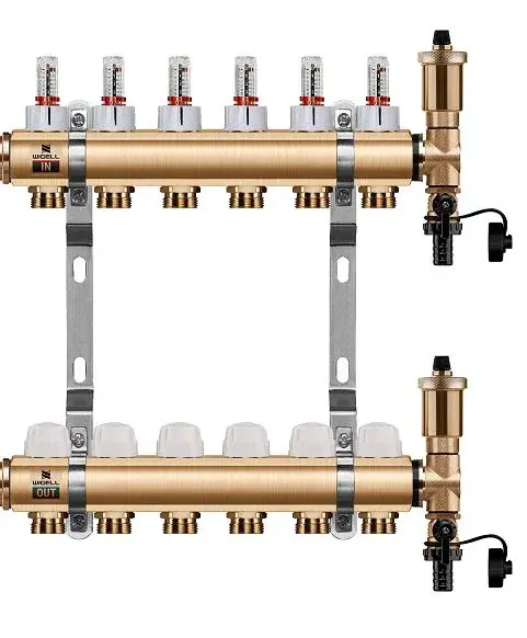 Wigell Podlahový rozdělovač WIGELL, 6 okruhů, mosazný + automatické odvzdušňování