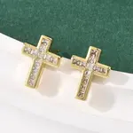 Brass Micro Pave Clear Cubic Zirconia Cross Stud Earrings