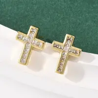Brass Micro Pave Clear Cubic Zirconia Cross Stud Earrings