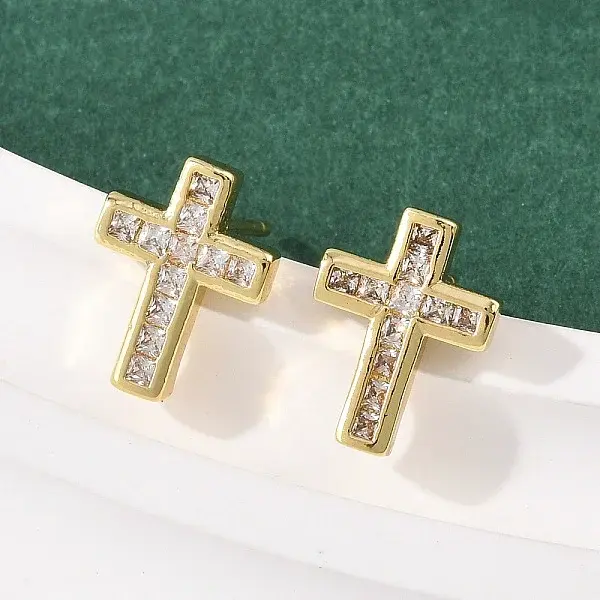Brass Micro Pave Clear Cubic Zirconia Cross Stud Earrings