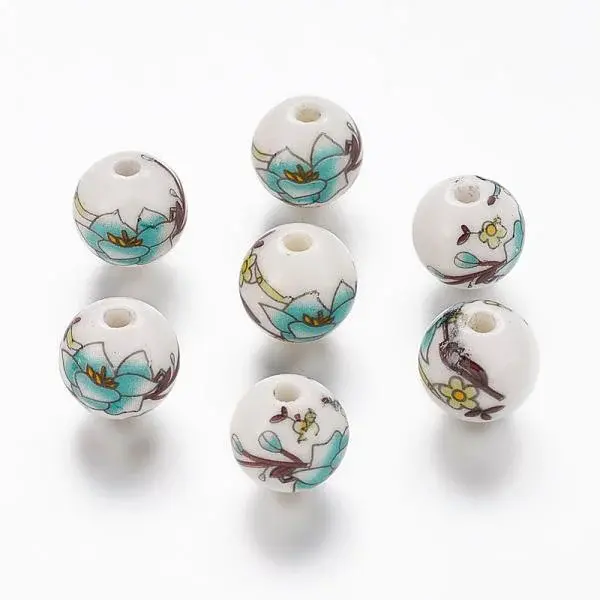Round Handmade Flower Printed Porcelain Ceramic Beads