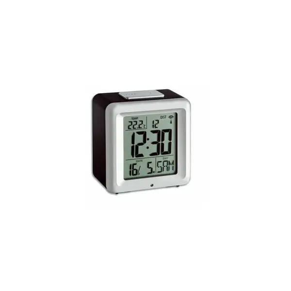 60.2503 TFA Digitálny bezdrôtový rádiom riadený budík s LED podsvietením, čierno-strieborný