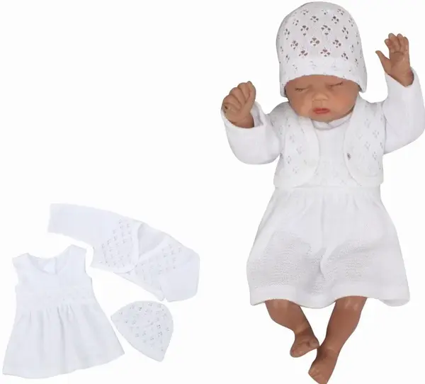 3-dielna pletená súprava šatôčky, bolerko a čiapočka - biela