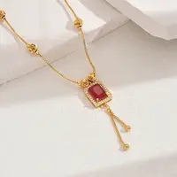 Fashionable Vintage Brass & Glass Tassel Rectangle Pendant Necklaces for Women