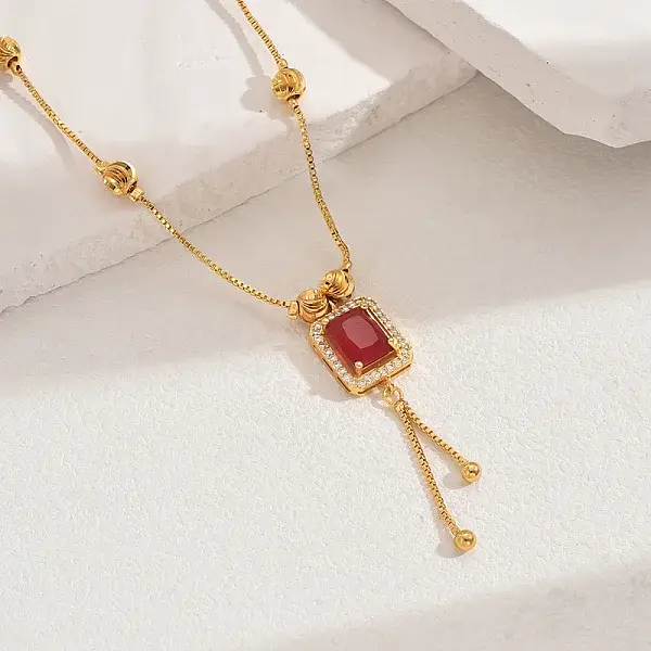 Fashionable Vintage Brass & Glass Tassel Rectangle Pendant Necklaces for Women