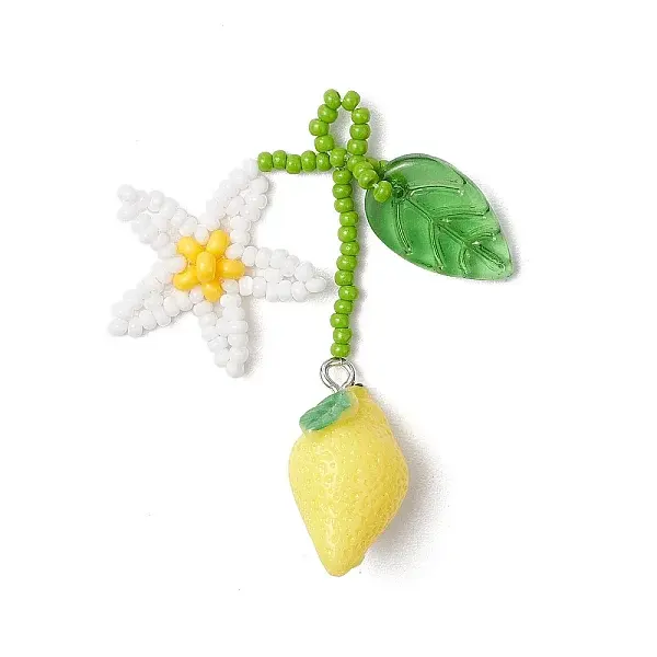 Resin & Handmade Glass Seed Beaded Flower Lemon Big Pendants