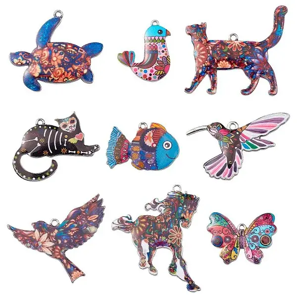 18Pcs 9 Styles Printed Alloy Pendants