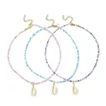 3Pcs 3 Color Natural Cowrie Shell Pendant Necklaces Set with Glass Seed Beaded Chains