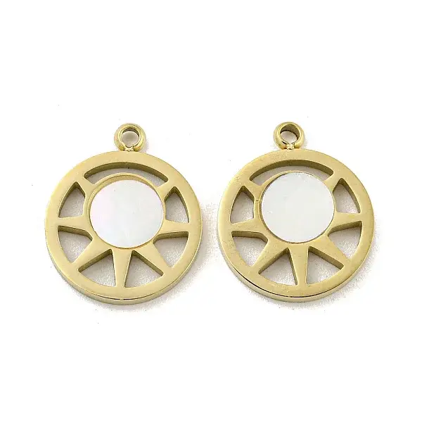 304 Stainless Steel Pave Shell Flat Round with Sun Charms