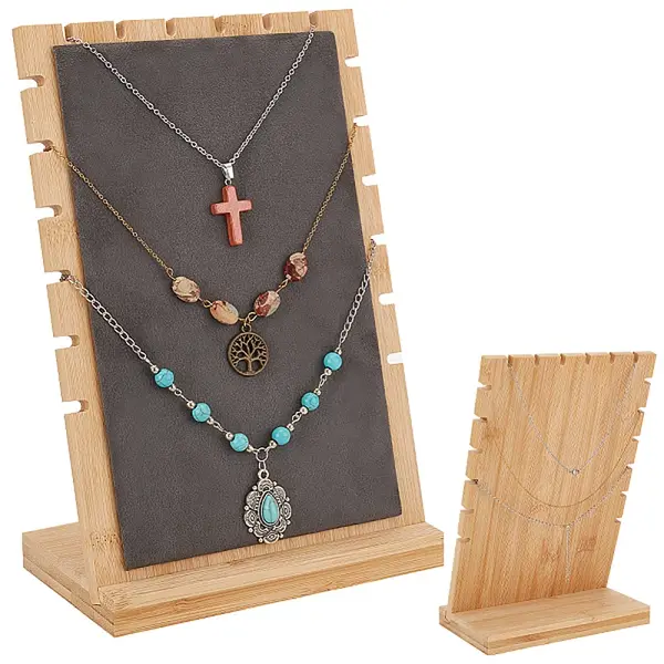 Wooden Slant Back Necklace Organizer Display Stands with Velvet Mat