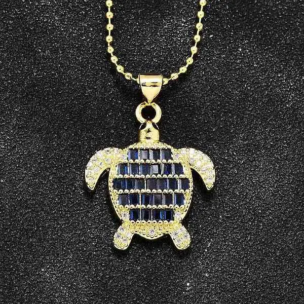 Summer Beach Brass Pave Cubic Zirconia Turtle Pendant Necklaces for Women
