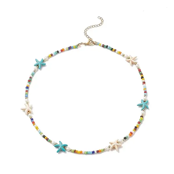 Colorful Synthetic Turquoise Starfish & Shell Pearl & Glass Seed Beaded Necklace for Women