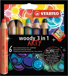 Pastelky STABILO Woody 3in1, sada 6 ks v pouzdru s ořezávátkem ARTY