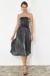 Trendyol Anthracite A-Cut Pleated Shiny Woven Elegant Evening Dress