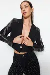 Trendyol Čierna crop tkaná podšívka lesklá kamenná bunda