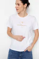 Trendyol Ecru 100% Cotton Embroidered Basic Crew Neck Knitted T-Shirt
