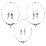 Rhinestone Wings with Cross Pendant Necklaces & Dangle Earrings