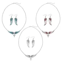 Rhinestone Wings with Cross Pendant Necklaces & Dangle Earrings