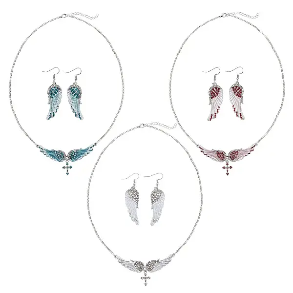 Rhinestone Wings with Cross Pendant Necklaces & Dangle Earrings