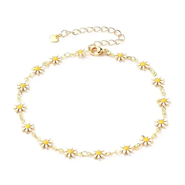 Brass Enamel Daisy Link Chain Anklets