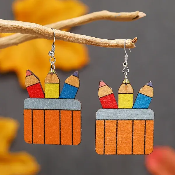Back-to-School Paintbrush Wood Dangle Earrings Accessories