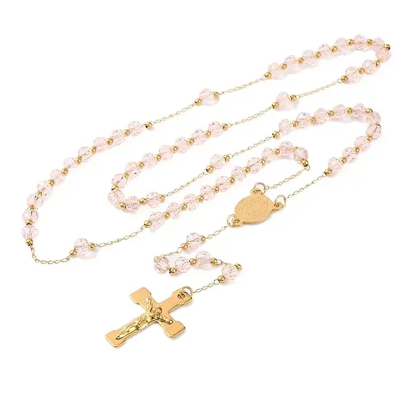 Ion Plating(IP) Crucifix Cross 304 Stainless Steel Rosary Bead Necklaces