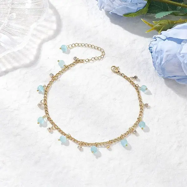 Cat Eye Round Tassel 304 Stainless Steel Twisted Chain Anklets for Women