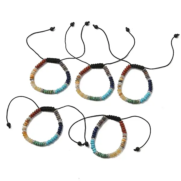 Natural & Synthetic Mixed Gemstone Flat Round Braided Bead Bracelets