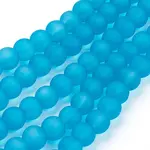 Baking Painted Deep Sky Blue Frosted Round Transparent Glass Bead Strands