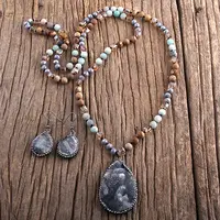 Teardrop Bohemian Style Glass with Natural Picture Jasper Pendant Necklace & Dangle Earrings Sets