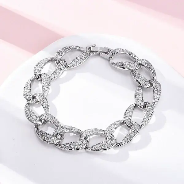 Brass Micro Pave Clear Cubic Zirconia Curb Chain Bracelets for Women