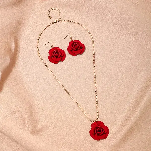 Rose Iron & Plastic Pendant Necklaces & Dangle Earrings Sets for Women
