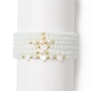 6Pcs 6 Style Natural Shell & Glass Star & Round Beaded Stretch Bracelets Set for Women