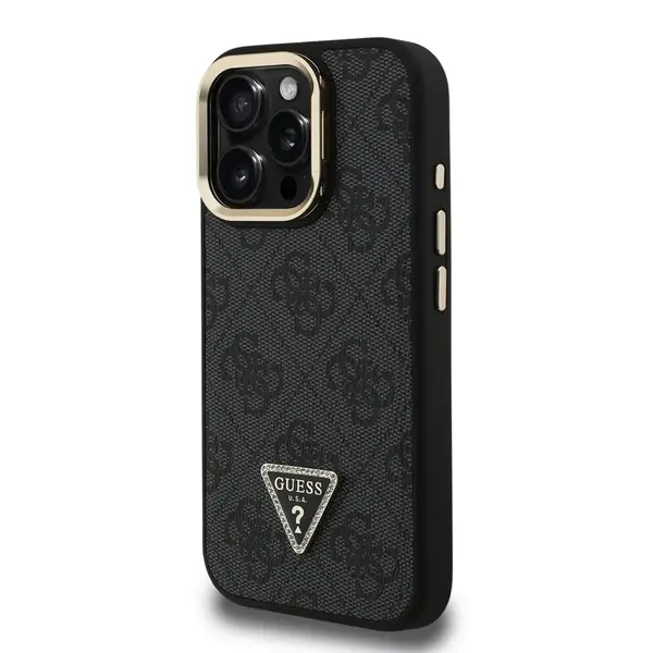 Zadní kryt Guess PU 4G Strass Triangle Logo Stand Camera Frame MagSafe Zadní pro Apple iPhone 16 Pro Max, černá