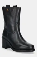 Kožené kotníkové boty Tommy Hilfiger RIDING LTHR MID BOOT BLOCK HEEL dámské, černá barva, na podpatku, FW0FW08776