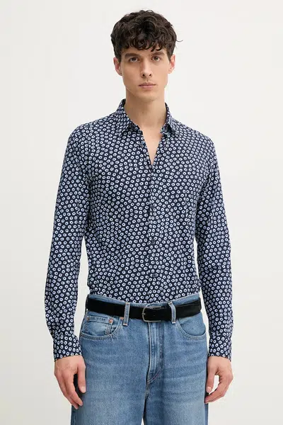 Košile BOSS pánská, tmavomodrá barva, slim, s klasickým límcem, 50539456