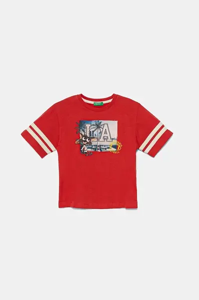 Dětské bavlněné tričko United Colors of Benetton červená barva, s potiskem, 3I1XG10IM