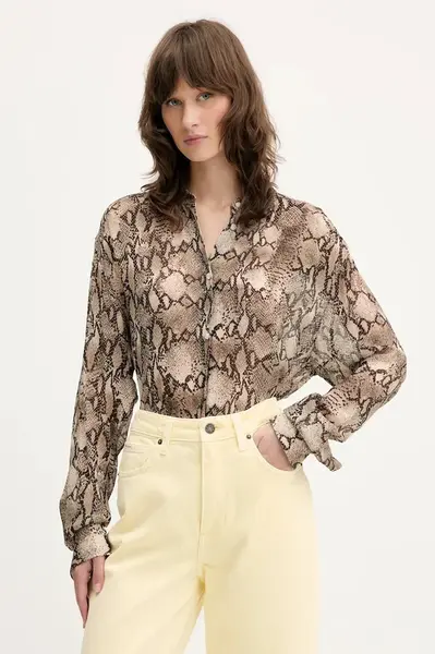 Košile HUGO dámská, béžová barva, relaxed, s klasickým límcem, 50539779