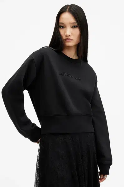 Bavlnená mikina AllSaints FERN EMB dámske, čierna farba, s nášivkou, W125JB