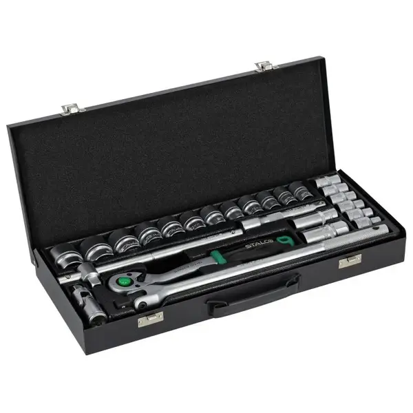 Sada nástrčných klíčů 1/2”, ocelové pouzdro, ráčna 90T, STALCO, set.25 ks