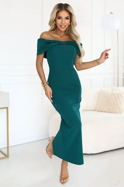 644-1 Sensual midi dress with a bow at the neckline - bottle green