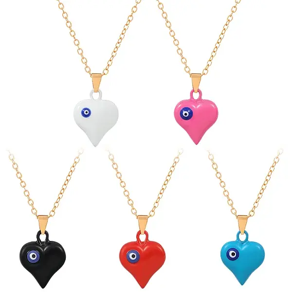 5Pcs 5 Colors Alloy Heart with Evil Eye Pendant Necklace for Women